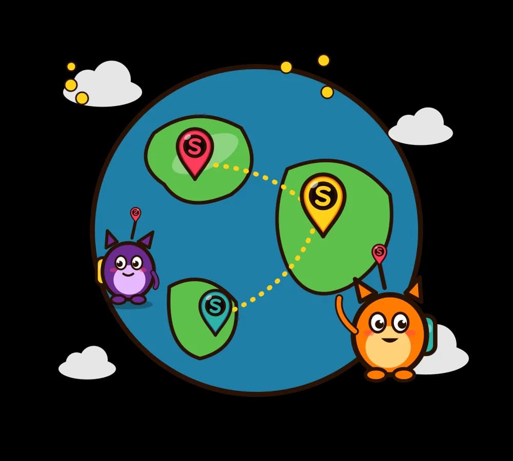 A globe with three map pins joined by a dotted route and two explorers