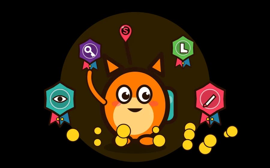 An explorer surrounded by ribbon badges and gold coins