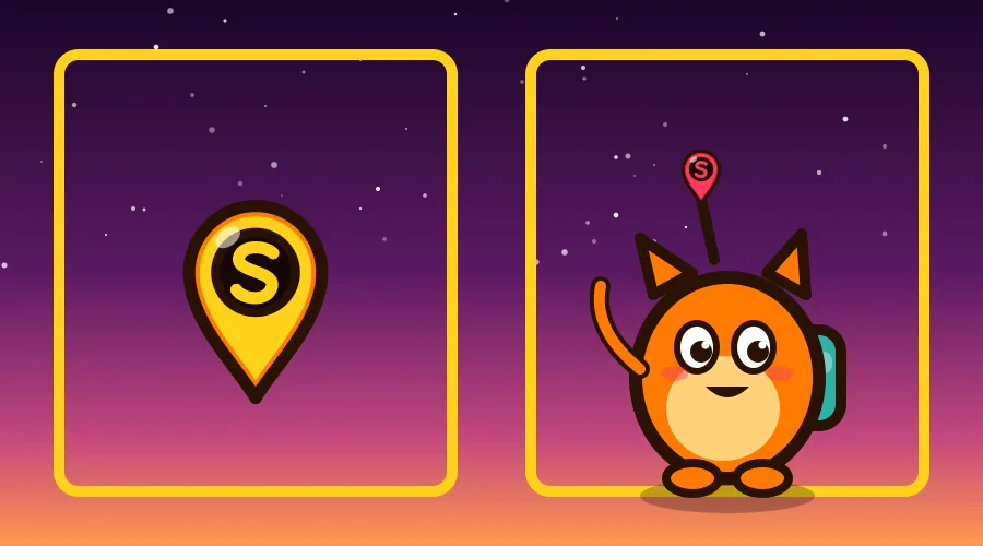 Two glowing frames: a map pin on the left, an explorer waving on the right